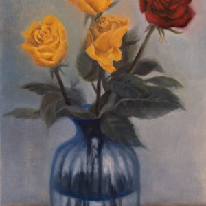 Red and Yellow Roses in Blue Vase (2023)